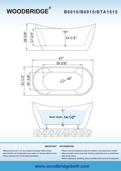 WOODBRIDGE 67" Acrylic Freestanding Bathtub Contemporary Soaking Tub, White Acrylic (Brushed Nickel Drain/Overflow) with Pillow
