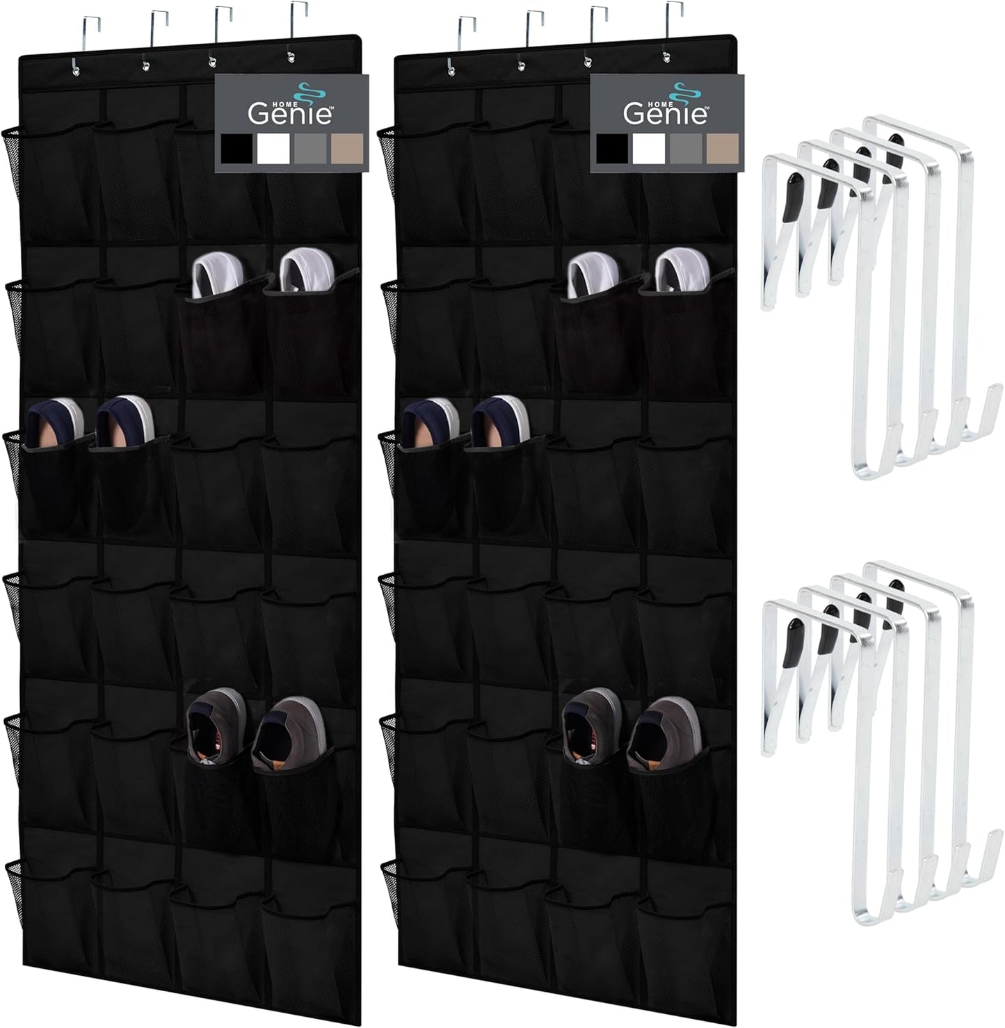 HOME GENIE Over the Door Hanging Shoe Organizer, 2 Pack - 24 Breathable Mesh Pockets, Black Closet Rack Storage