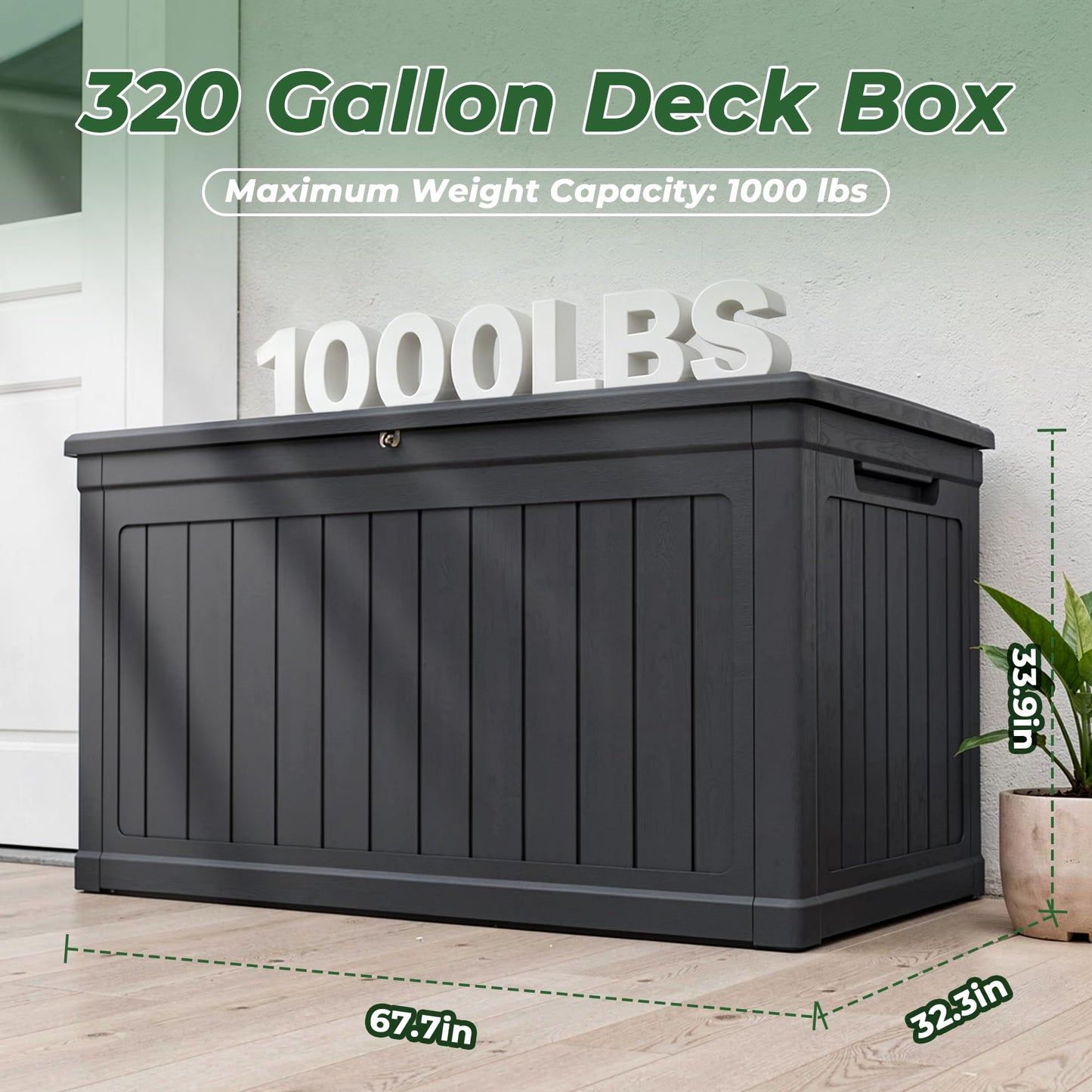 Cirui 320 Gallon Deck Box, Lockable Waterproof Storage Box, Outdoor Storage Bin for Package Delivery, Patio Cushions, Gardening Tools，Pool Accessories and Sports Equipment (Black,320 Gallon)