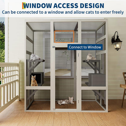 70" Large Outdoor Catio Cat Enclosure, Wood Cat Patio with Waterproof UV-Resistant Roof, Cats Shelter with 5 Platforms and 2 Resting Box, and Secure Rust-Proof Wire for Backyard or Patio