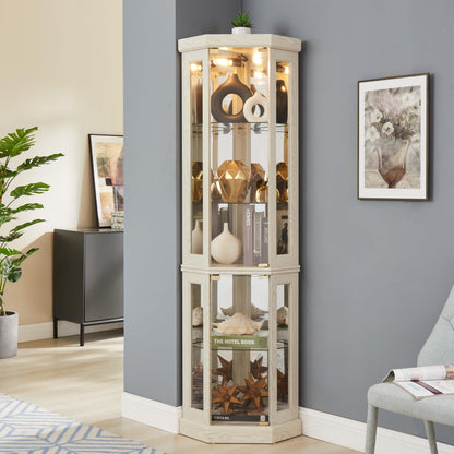 KEIKI 70" Corner Glass Display Cabinet with Adjustable Shelves, for Collectibles, Storage Curio Cabinet with Side-Hung Pane Doors, 5-Tier Showcase Display Case, Easy Assembly, for Living Room, White