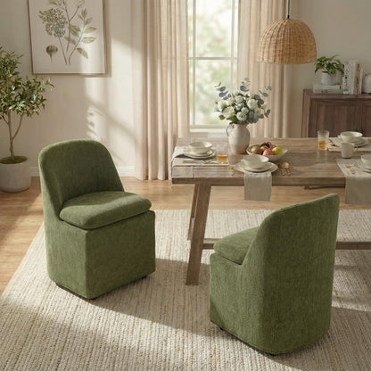 KISLOT Upholstered Dining Chairs with Casters, Washable Cover Modern Dining Room Chairs with Thick Cushion & Sturdy Metal Frame for Kitchen, Living Room, Dressing Room, Green Fabric, Set of 4