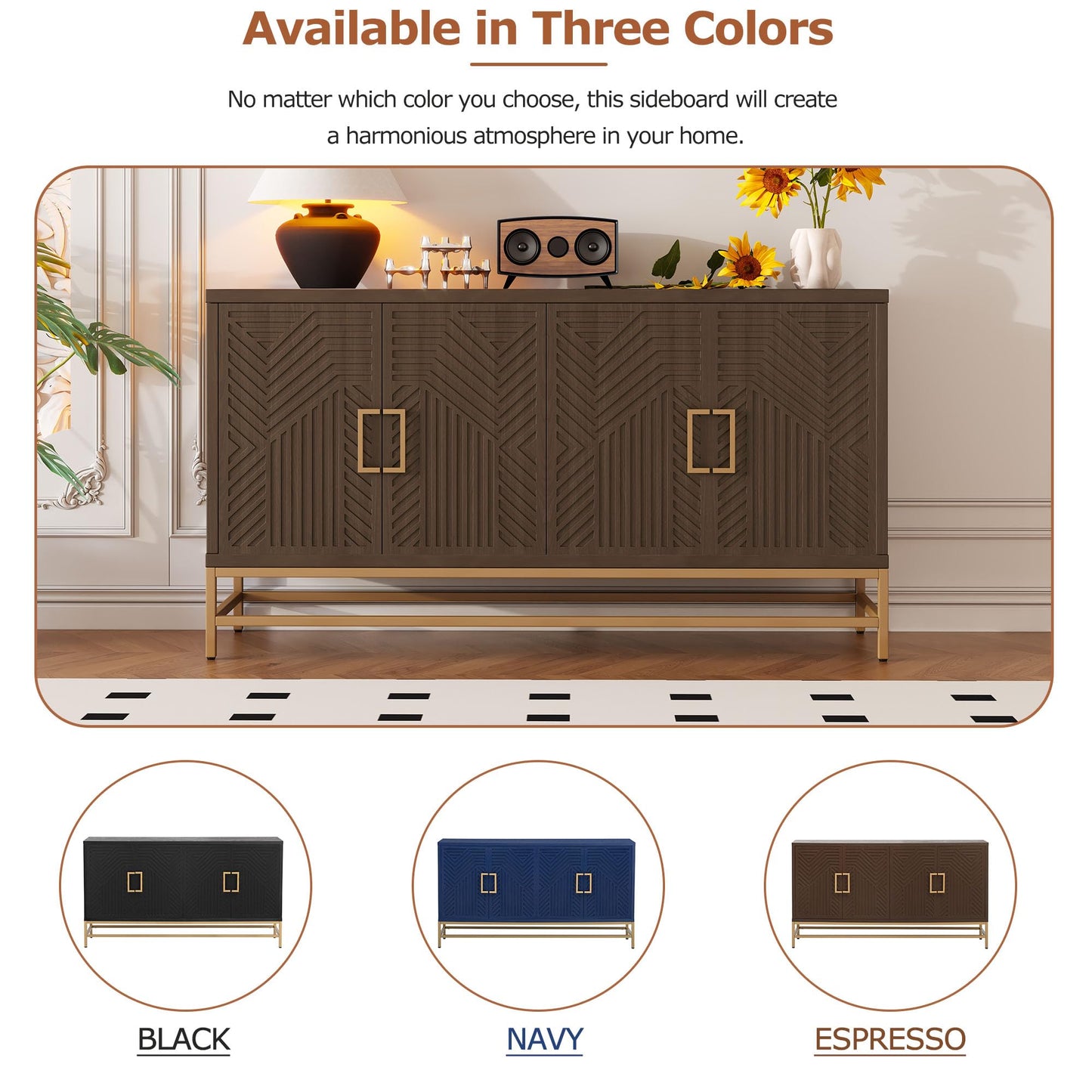 GDFStudio 60" Modern Sideboard Buffet Storage Cabinet with 4 Doors & Adjustable Shelves, Retro Coffee Bar with Metal Handles & Legs, Kitchen Cupboard Organizer for Dining Room Living Room, Espresso