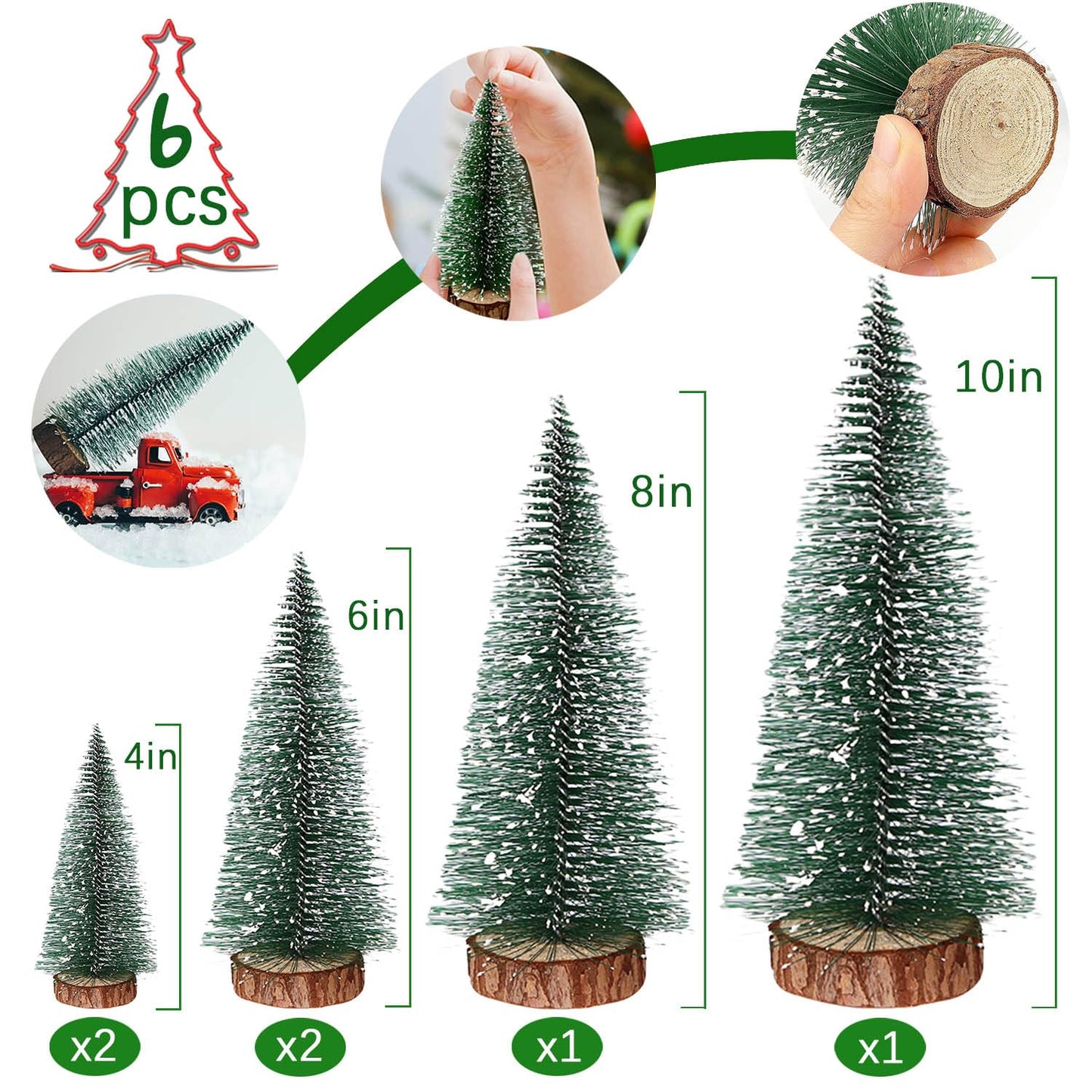 UPINLOOK 6PCS Mini Christmas Trees, Artificial Small Bottle Brush Trees Miniature Pine Trees with Snow and Wood Base for Xmas Holiday Party Tabletop Decors