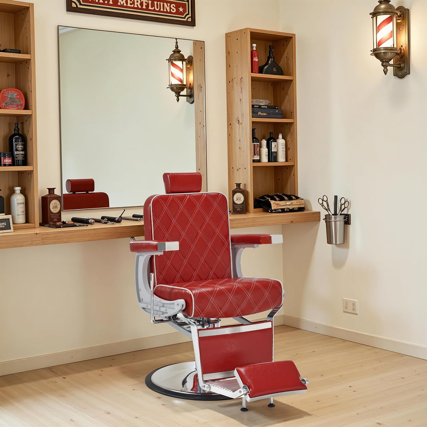 BarberPub Heavy Duty Metal Vintage Barber Chair All Purpose Hydraulic Recline Salon Beauty Spa Shampoo Equipment 3825 (Red with White Stitches)