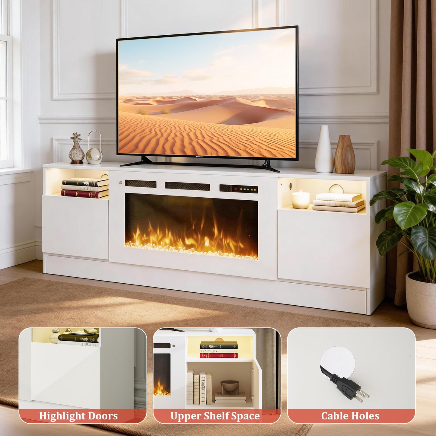 OneBlis 70" Fireplace TV Stand for TVs Up to 80",Entertainment Center with 36” Electric Fireplace and 12 Colors LED Lights,Large TV Console with Storage Cabinet for Living Room,All White