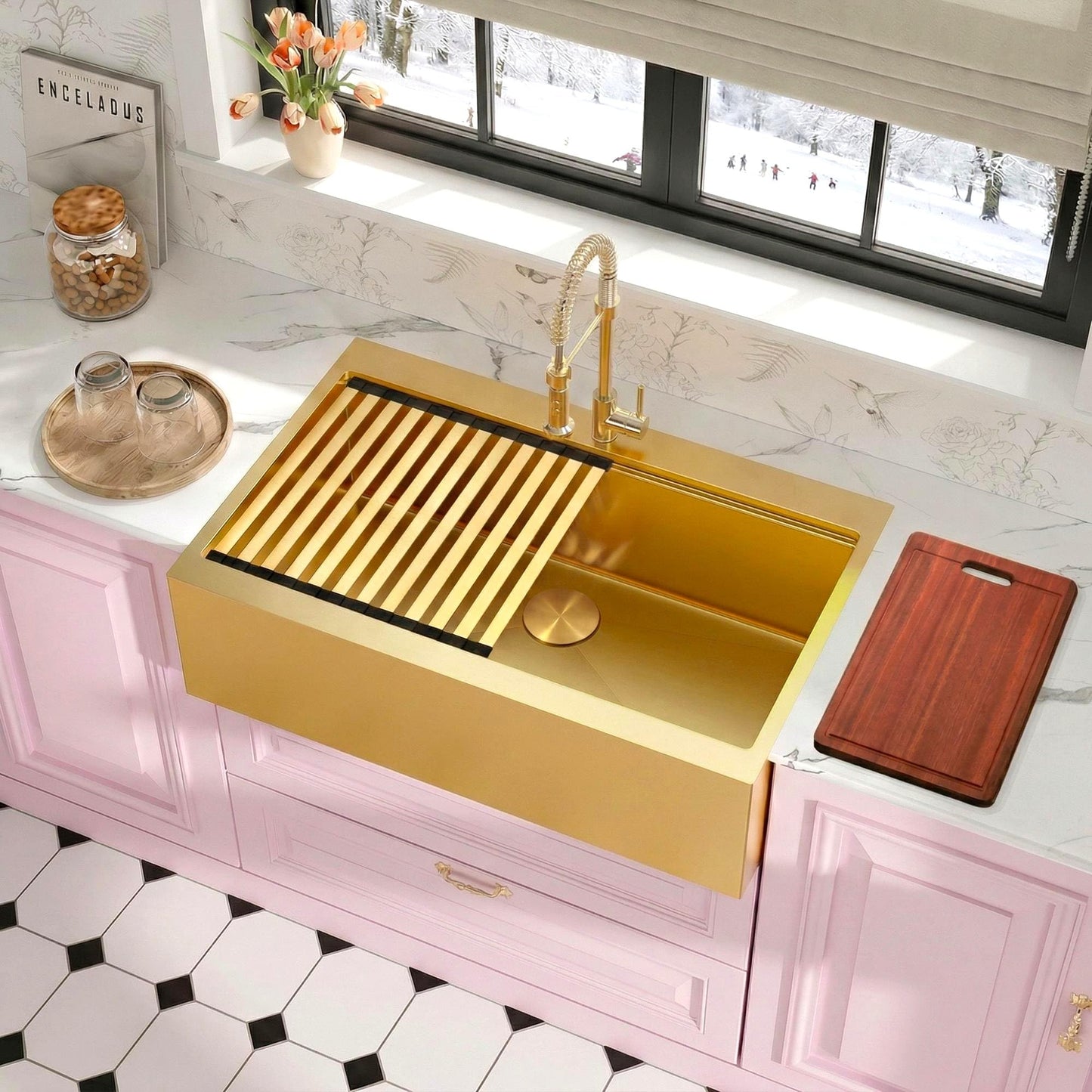 Rhbamoa 33 Inch Gold Farmhouse Sink,16 Gauge T304 Gold Single Bowl Apron Front Kitchen Farm Sink,10 Inch Depth Topmount Farmhouse Kitchen Sinks with All Golden Accessories