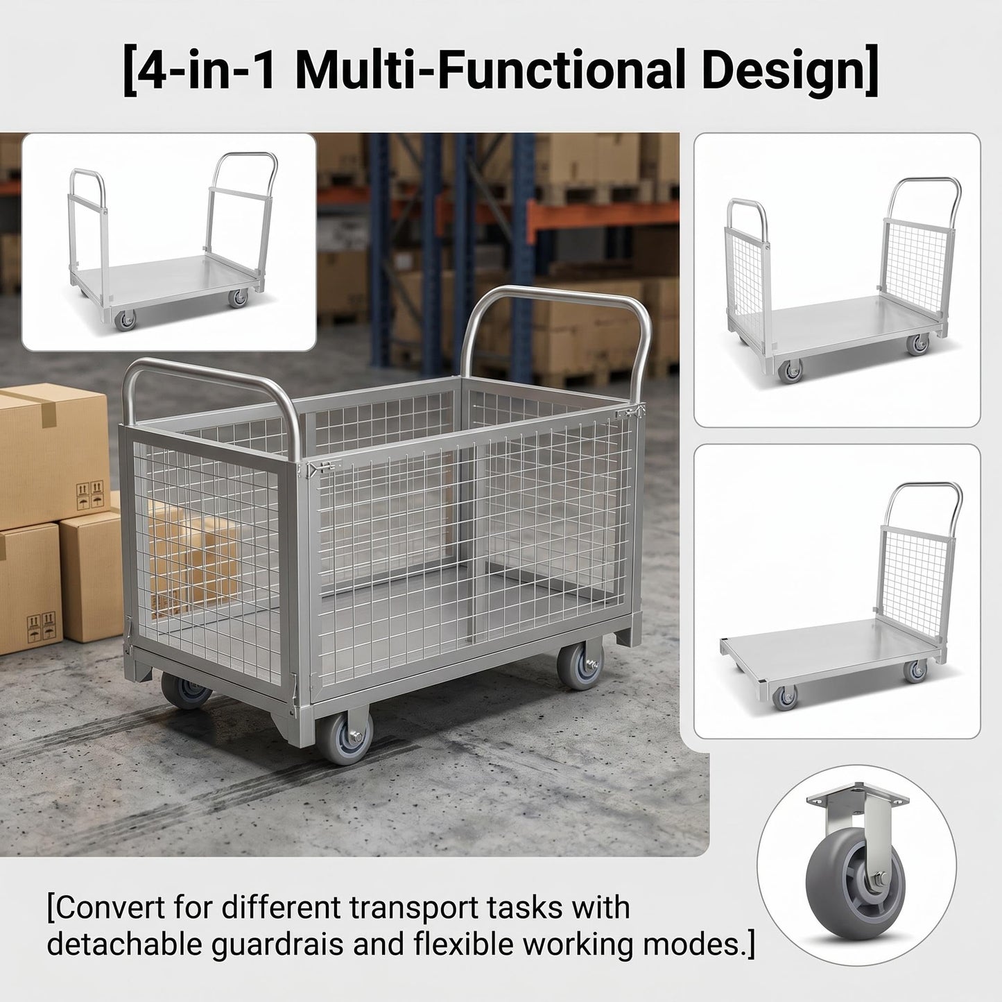 Silver Warehouse Storage Cart, Moving Cart for Large Dogs Travel, 661lb Weight Capacity