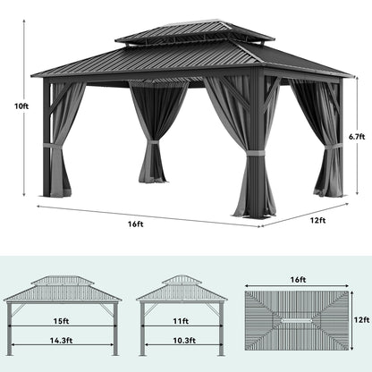 YITAHOME 12x16ft Hardtop Gazebo with Nettings and Curtains, Heavy Duty Double Roof Galvanized Steel Outdoor Combined of Vertical Stripes Roof for Patio, Backyard, Deck, Lawns, Gray
