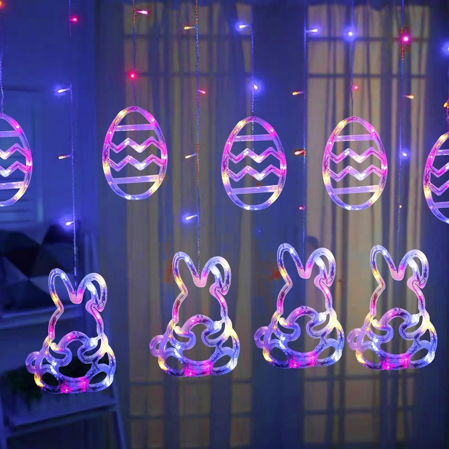 222LED 9FT 8 Dazzle Bright Easter Lights, Pastel Rabbit and Eggs Curtain String Lights with Modes, Plug in Easter
