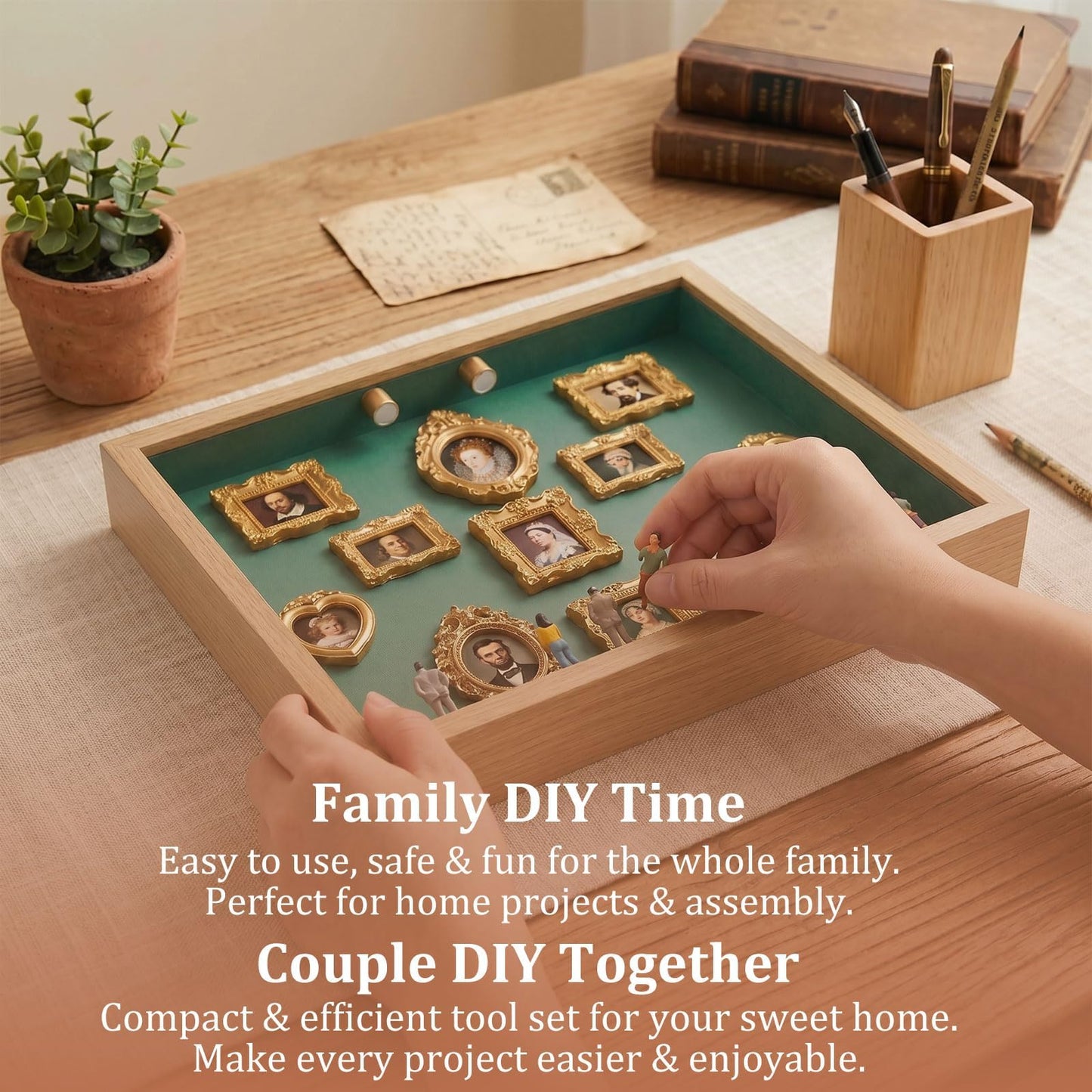 All-in-One DIY Shadow Box Kit,Mini Gold Frames with Museum of Figurines | LED-Illuminated Silhouette Box Memory Collage | Anniversary/Wedding Eco-Friendly Decor Gift (B Style)