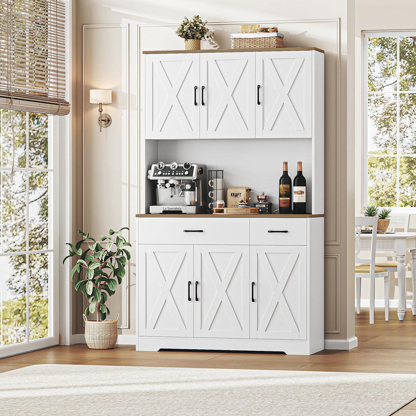 HOSTACK 71" Pantry Cabinet with Charging Station, Tall Kitchen Pantry Storage Cabinet with Microwave Stand, Farmhouse Kitchen Hutch with Storage Drawers for Living Room, Dining Room, White