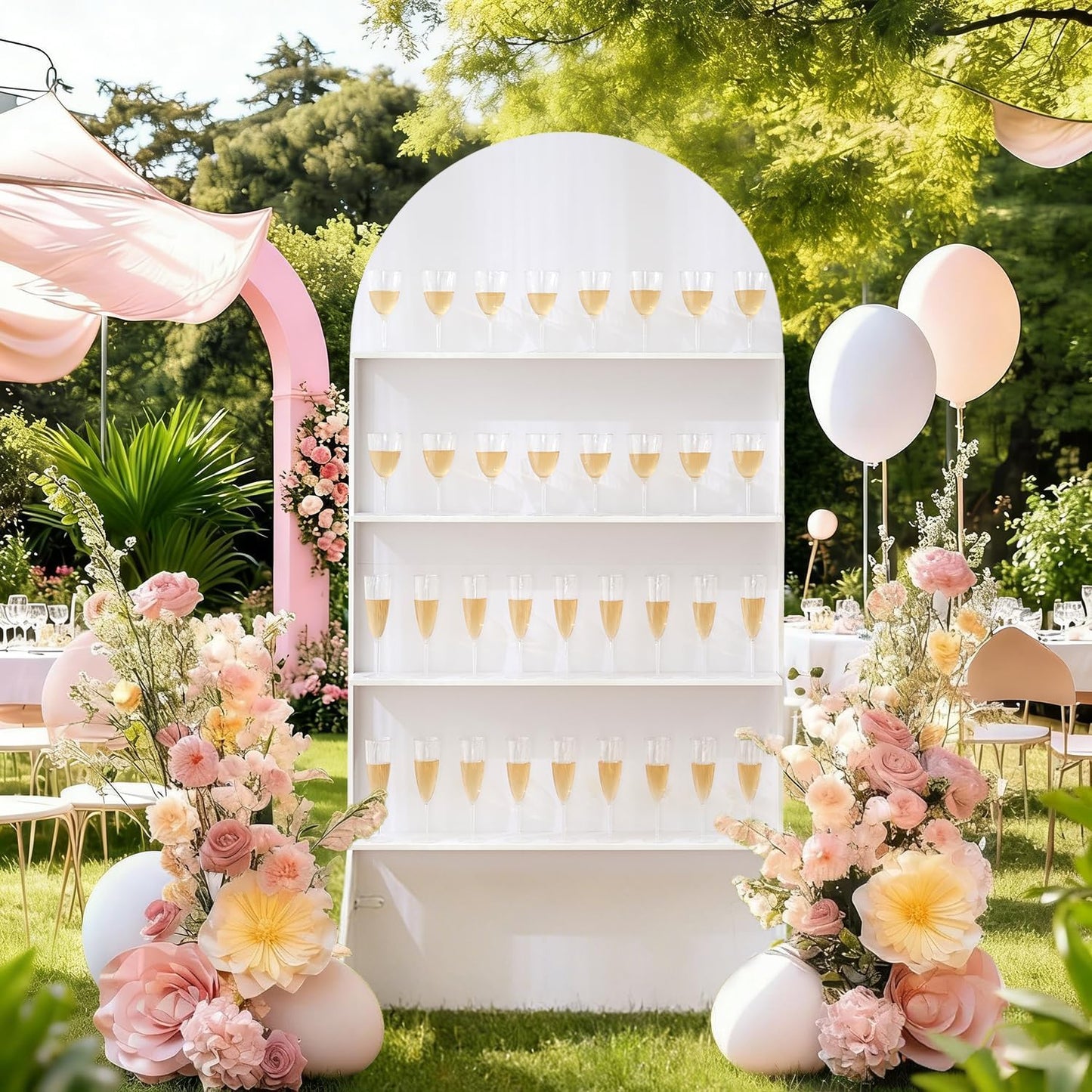 Sicrifety 5.9 ft 4-Tier Champagne Wall Holder for Party, White Wedding Arch Backdrop Stand Holds 32 Glasses, Freestanding Champagne Wall for Wedding Reception & Event Decor