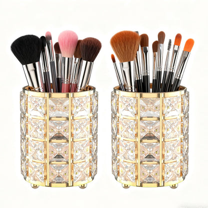 LUGUNU Makeup Brush Holder with Golden Crystal Bling – Elegant Vanity Organizer for Brushes, Pens & Pencils, Ideal for Bathroom or Office Countertop(2Pack)