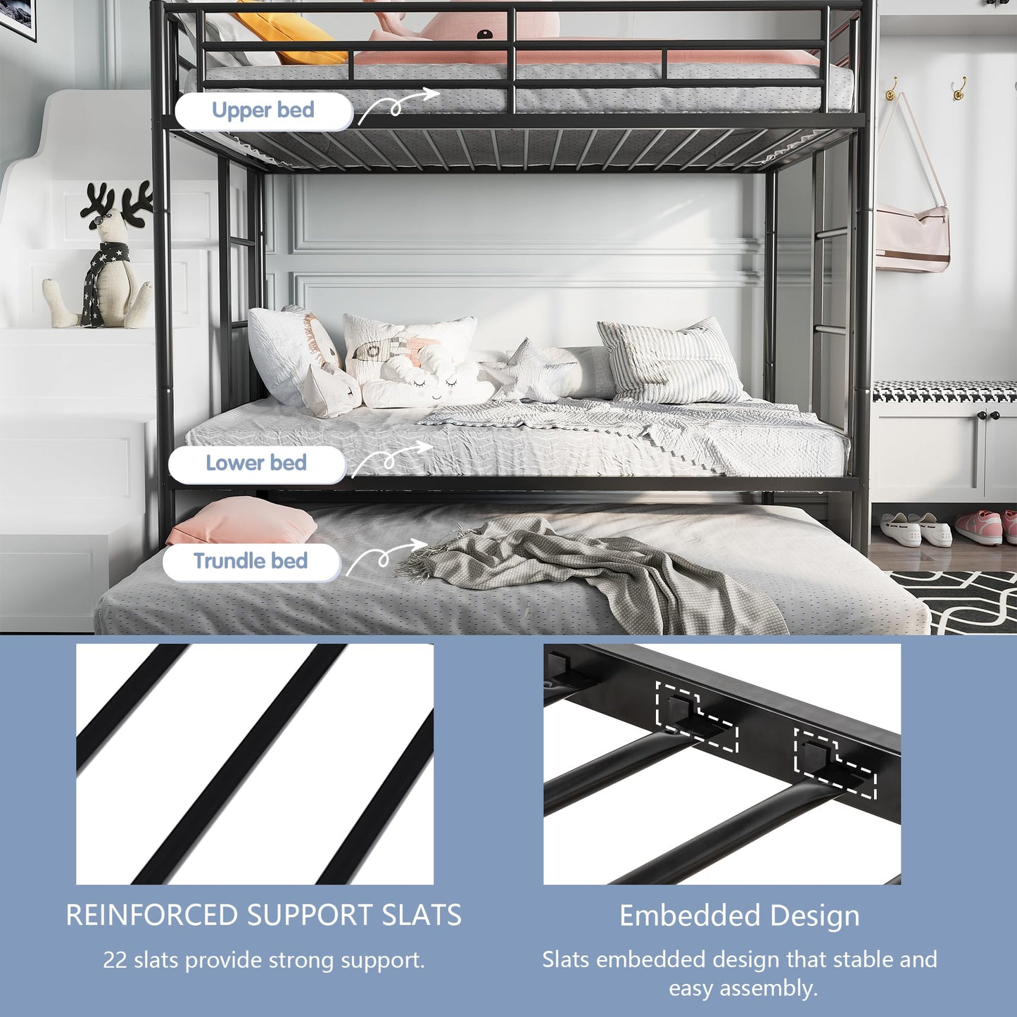 SUNLEI Metal Bunk Beds with Double Secured Ladders, Twin Bunk Bed with Surrounded Safety Guardrails, Space Saver Twin Beds, Noise Free for Small Bedroom, with Trundle Function, Solid Black