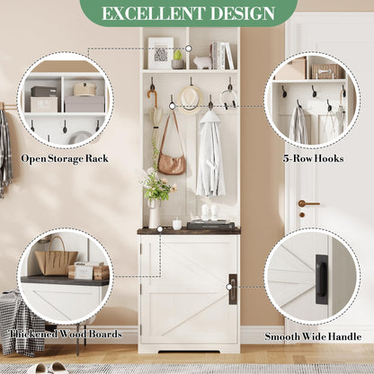 IDEALHOUSE Farmhouse Narrow Coat Rack with Shoe Storage, 23.6" Small Hall Tree with Bench, Entryway Coat Rack with 5 Hooks, 2 Cubbies & 1 Barn Door Cabinet for Entryway, Hallway, Mudroom, White/Brown
