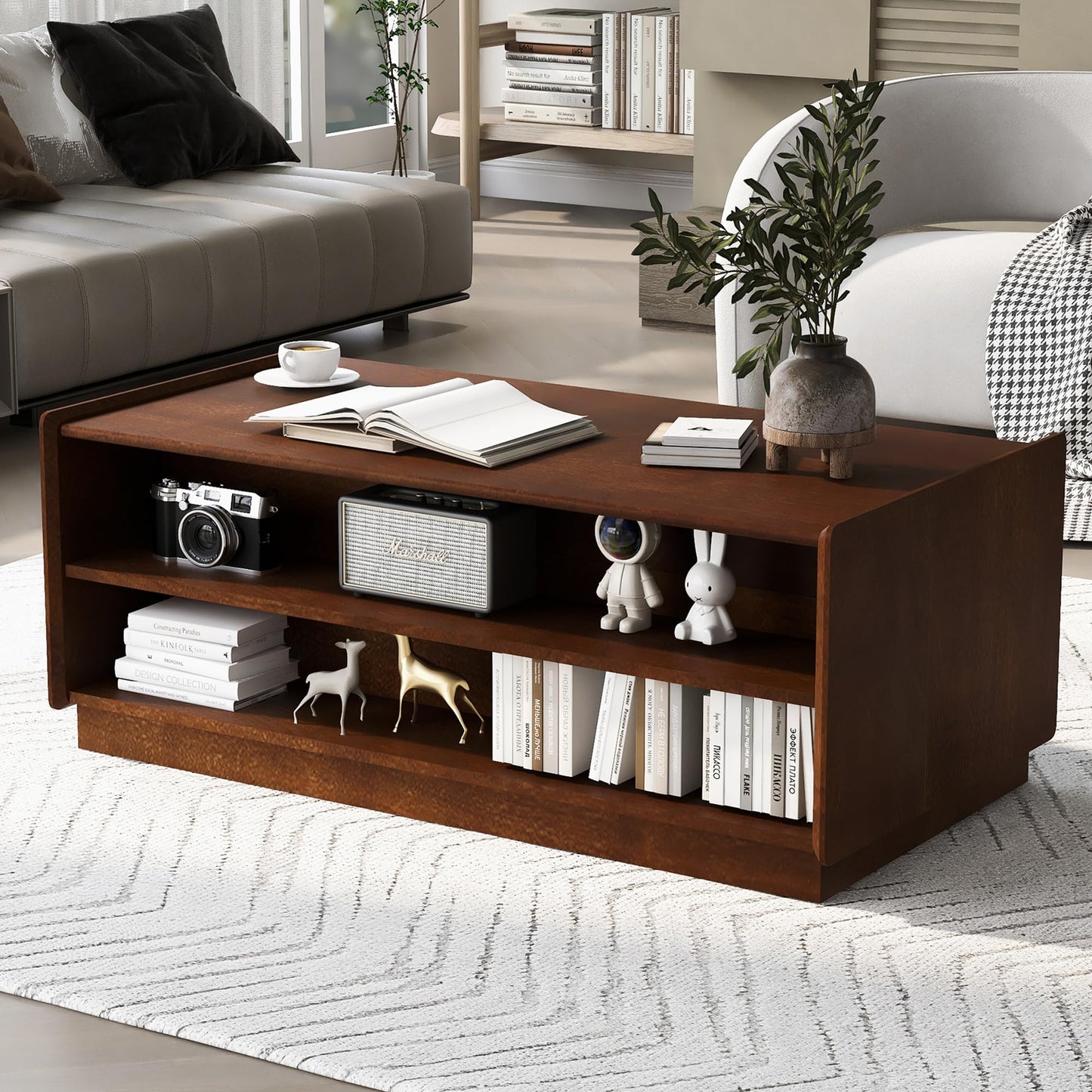 Merax Modern 47.2" Rectangle Coffee Table with 4 Drawers and 2 Display Shelves, Wood Fluted Style Center Tables w/Tempered Glass for Living Room Reception Room, Brown