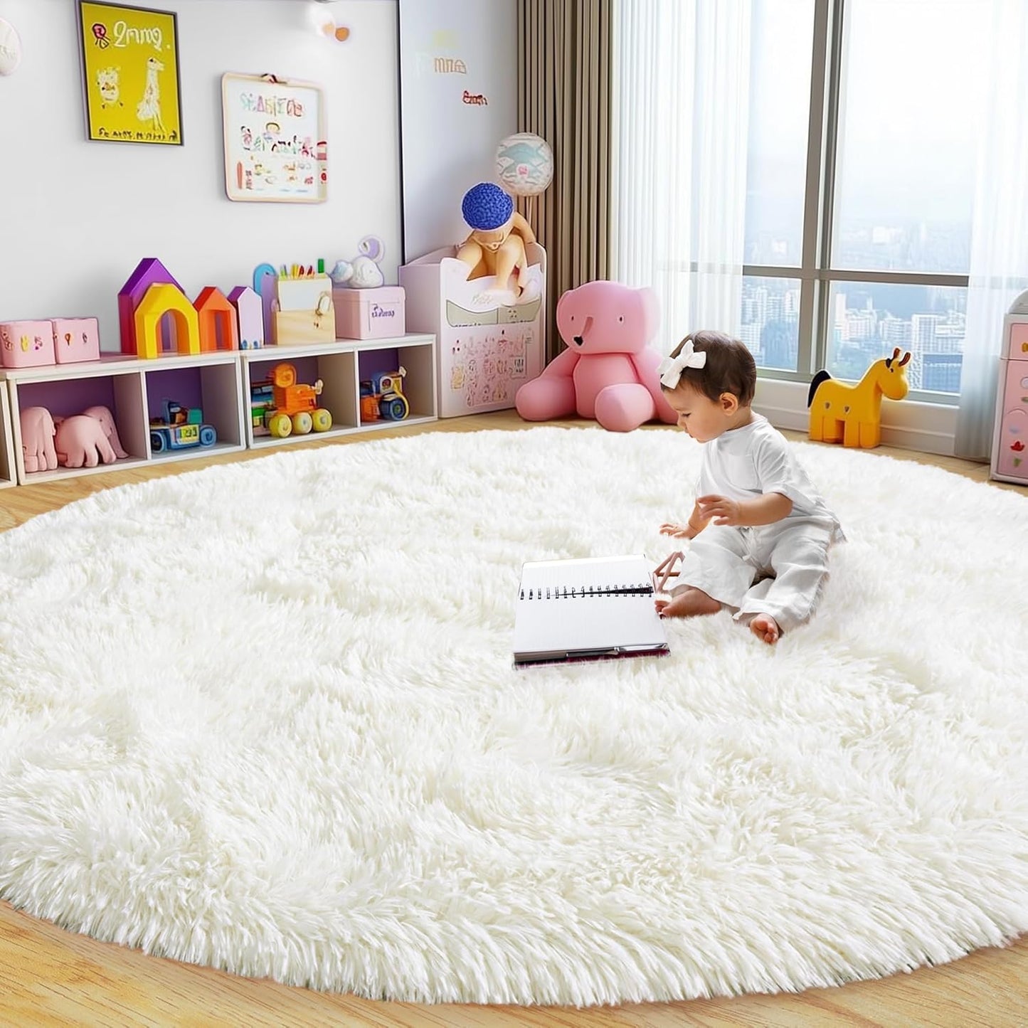 4Ft Xexsin Round Fluffy Rugs for Girls Bedroom, Cream White Shag Circle Kids Rug Non-Slip for Bedside Dorm Nursery