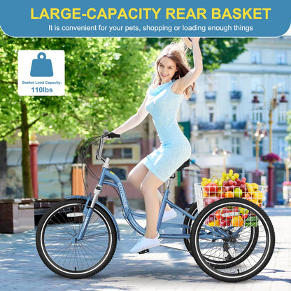 NAIZEA Folding Adult Tricycle - 7 Speed 20/24/26 Inch Folding Tricycle for Adult, 4 Wheel Bike, Foldable Trike with Large Basket/Low-Step Through for Men Women Senior