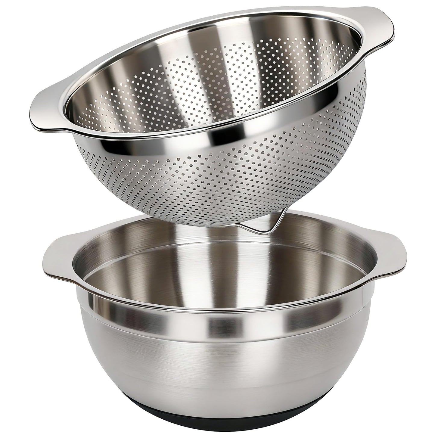 304 Stainless Steel Colander, 2.5 QT Capacity and 2.5 QT Mixing Bowl, Micropore Strainer for Washing Rice, Fruit, and Veggies, Perfect Draining for Cooked Pasta
