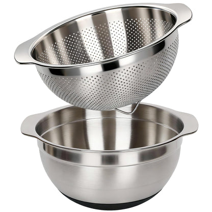 304 Stainless Steel Colander, 2.5 QT Capacity and 2.5 QT Mixing Bowl, Micropore Strainer for Washing Rice, Fruit, and Veggies, Perfect Draining for Cooked Pasta