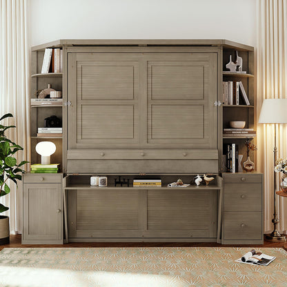 Merax Queen Murphy Bed with Desk and Storage, Hidden Wall Bed with Foldout Workstation, Shelves and Cabinets for Space-Saving Home Office, Gray