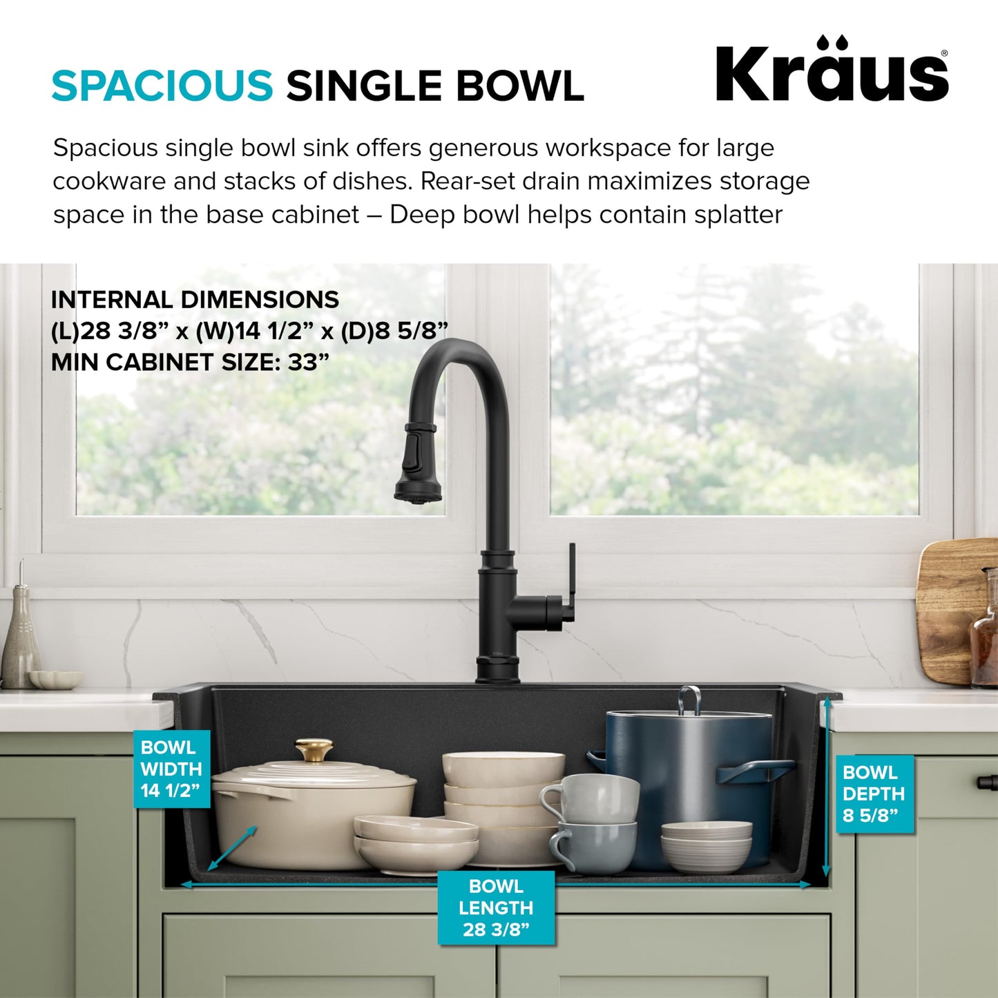 KRAUS Quarza 31-inch Drop-In/Undermount Single Bowl Granite Kitchen Sink in Black Onyx, KGD-412B