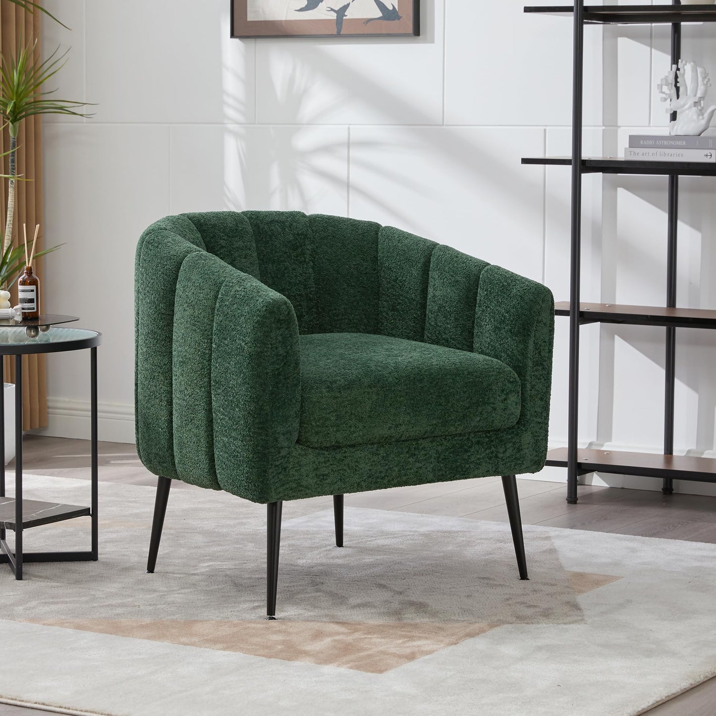 Noble House Home Furnishings Hucdt 29.9'' Boucle Barrel Club Chair, Upholstered Accent Chair, Channel Tufted Armchair, Extra Seating Lounge with Metal Legs, Single Sofa for Living Room Home, Green