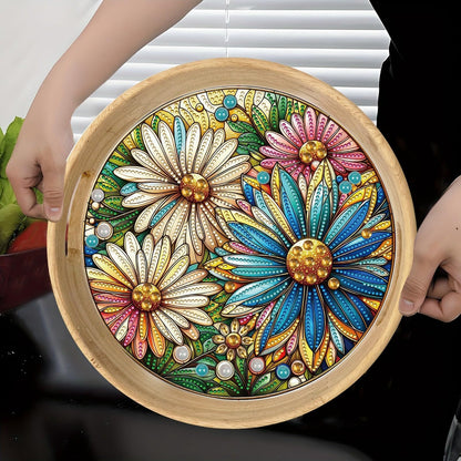 ARTopet DIY Diamond Tray Round Diamond Art Painting Creative Design Handmade Wooden Tray Dinner Plate Diamond Art for Coffee Living Room Home Organizer Diameter 25.5cm-Daisy