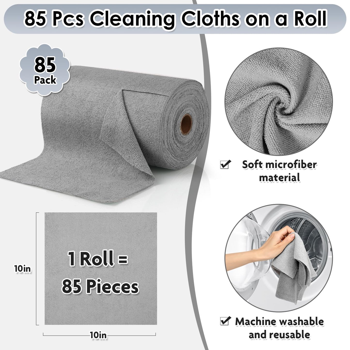 85 Pack Reusable Tear Away Microfiber Cleaning Cloth Roll, 10" x 10" Value Pack Kitchen Towels Washable Cleaning Rag Towels Multi-Purpose Microfiber Dish Cloths for Auto, House, Garage, Kitchen