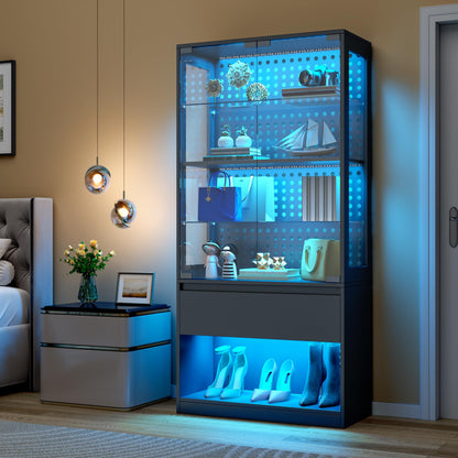 kepptory 5-Tier Glass Display Cabinet with Drawer and Glass Doors, Curio Cabinet with Pegboard and Adjustable Shelves, LED Display Case for Collectibles Gaming Liquor(31.5" W)