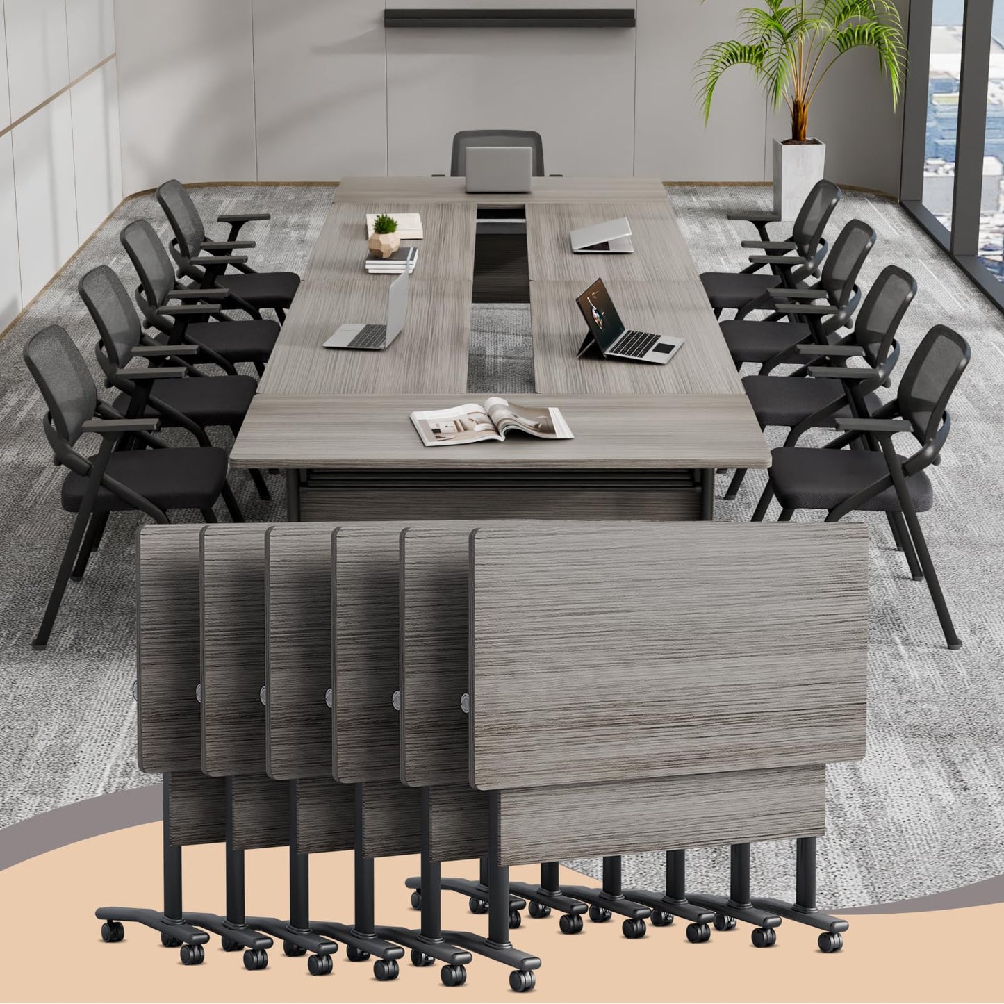JNMDLAKO Folding Conference Room Table for 6-12 Person, Modular Mobile Large Flip-Top Training Table with Locking Wheels, Modern Rectangular Seminar Meeting Tables for Office (6, Elm, 47.2in)
