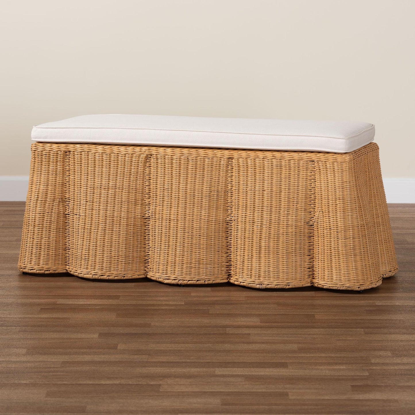 Bali & pari Palm Scallop Natural Rattan Ottoman with Cushion – Handwoven Wicker Accent Bench for Living Room, Bedroom or Entryway, Coastal Boho Style Accent Furniture, 46-inch Wide, Rectangular