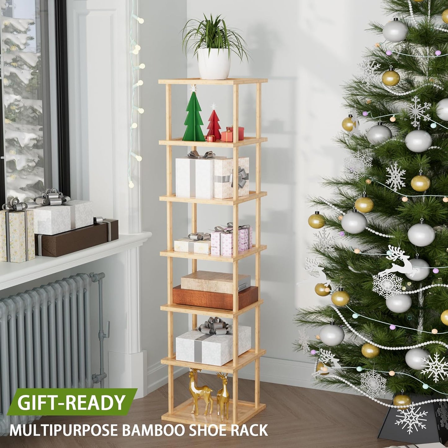 7 Closet Vertical Tall Shoe Rack For Entryway - Tall Tier Free Standing Slim Narrow Bamboo Wood Shoe Boots Storage