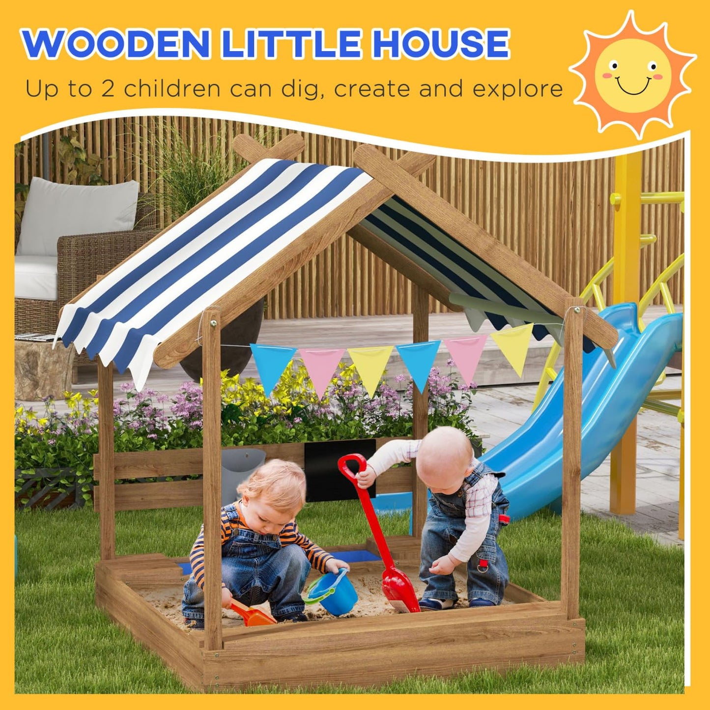 Wooden Sandbox with Canopy House Design for 3-7 Years Old, Brown