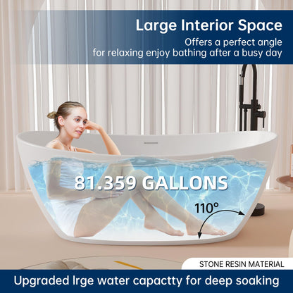 65'' Freestanding Solid Surface Resin Stone Bathtub, Freestanding Tub, Contemporary Design Stand Alone Tub with Pop-up Drain and Overflow, cUPC Certified, Matte White