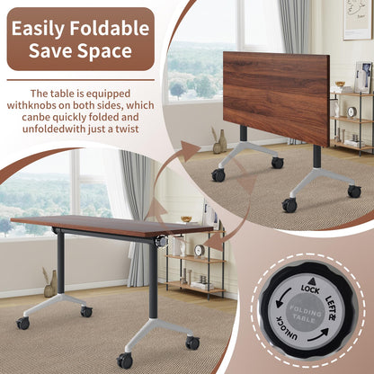 Conference Room Table, Folding Conference Table with Silent Wheels, Modular Flip Top Mobile Training Tables for Office, Training Room, Meeting Rooms, School, 2-16 Person (6, Walnut, 55.1in)
