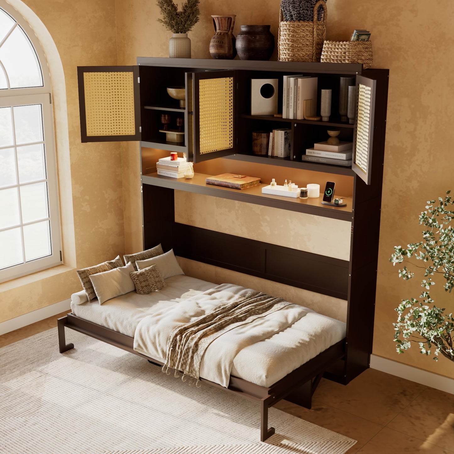 DNYN Murphy Bed Frame with Top Cabinet and LED for Bedroom/Guest/Study Room, Twin Size Wooden Foldable Wall Bed with USB Ports, Space-Saving Design & No Box Spring Needed