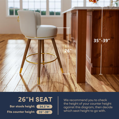 SeekFancy 24" Swivel Bar Stools Set of 2, Counter Height BarStools with Back, Leather Swivel Kitchen Stools with Wood Legs and Footrest, Upholstered Pub White Bar Chairs Kitchen Island