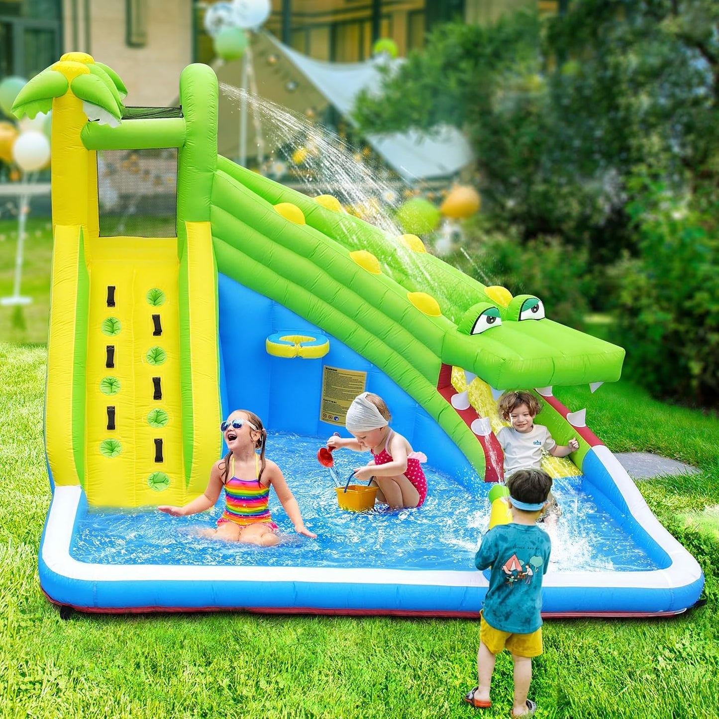 TOAOB Inflatable Water Slide：5 in 1 Crocodile Bounce House Water Park for Kids - Climbing Wall Splash Pool Water Cannon Basketball Rim - 480W Blower - for Indoor Outdoor Backyard Birthday Party