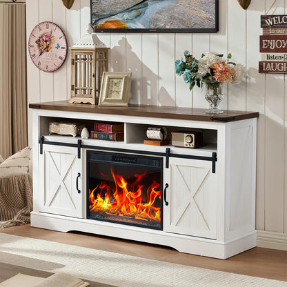 ROCKPOINT 58" Fireplace TV Stand for TV up to 65 Inch with Farmhouse Sliding Barn Doors, Highboy Entertainment Center with Storage Cabinet, 23" Electric Fireplace with Remote, White