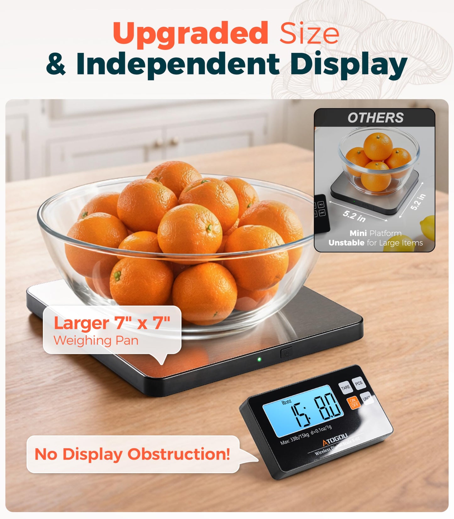 Atogou Upgraded Wireless Food Scale, 33lb/15kg Kitchen Scale with Detachable Display & Larger Platform, 0.1oz/1g, 9 Units, Counting Function, Stainless Steel, for Cooking, Baking, Shipping, Silver