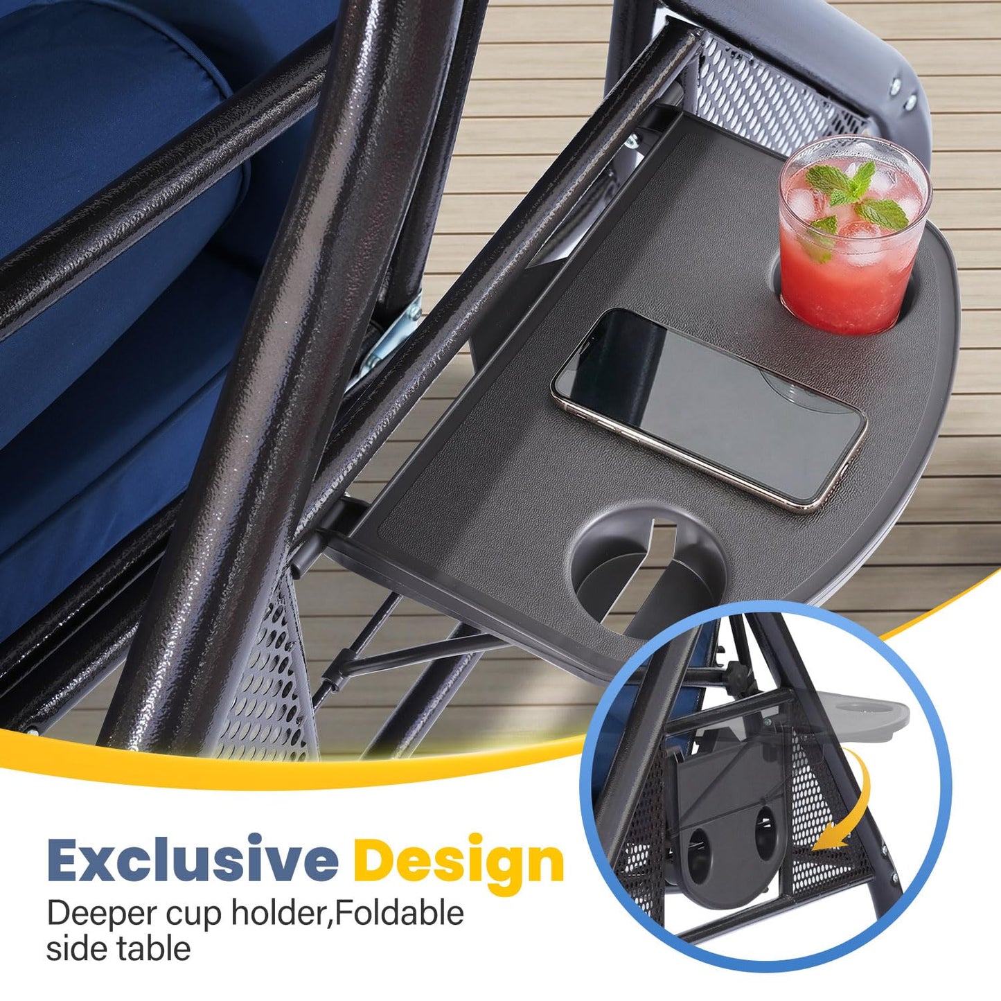 3-Seat Outdoor Porch Swing with Adjustable Canopy, Convertible 2-in-1 Patio Swing & Bed with Thick Cushions, Pillows & Cup Holders for Porch, Backyard & Garden (Blue)