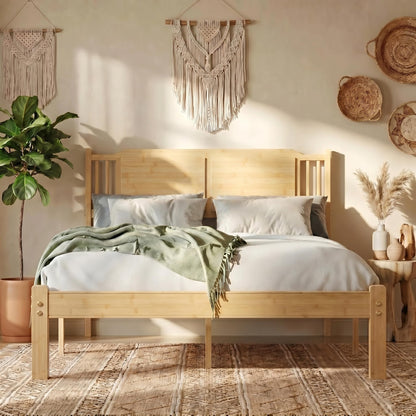 Askeld Bamboo Queen Bed Frame with Headboard, 14 inch Wood Platform Bed Frames Queen Size No Box Spring Needed, Rustic Farmhouse Heavy Duty Bedframe Noise Free, Easy Assembly