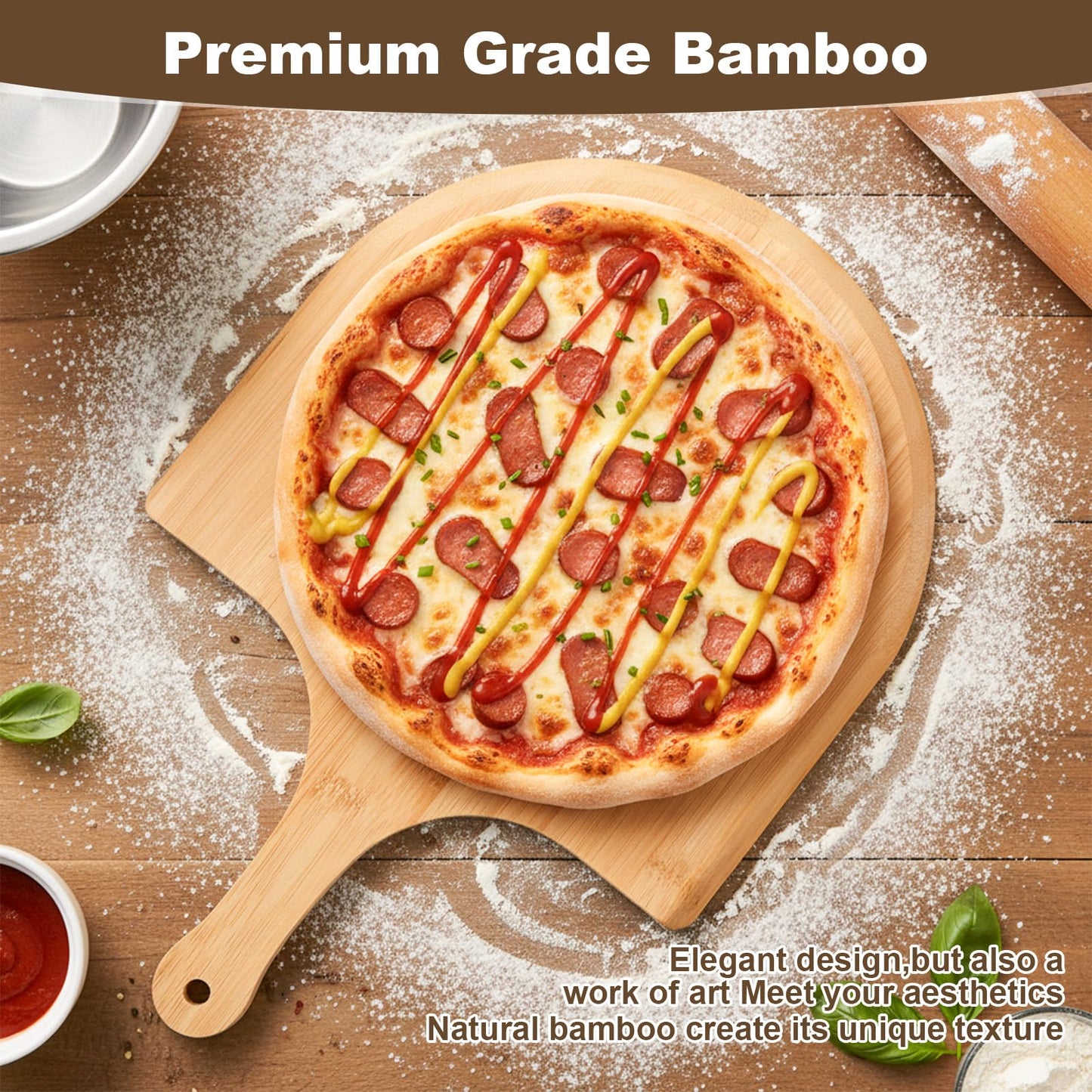 Afcabakila 2 Pcs Bamboo Pizza Paddle, 12 Inch Wooden Pizza Peel with Non-slip Handle for Oven Baking, Serving Board for Baking Homemade, Wood Cutting Board for Cheese Bread Fruit Vegetables