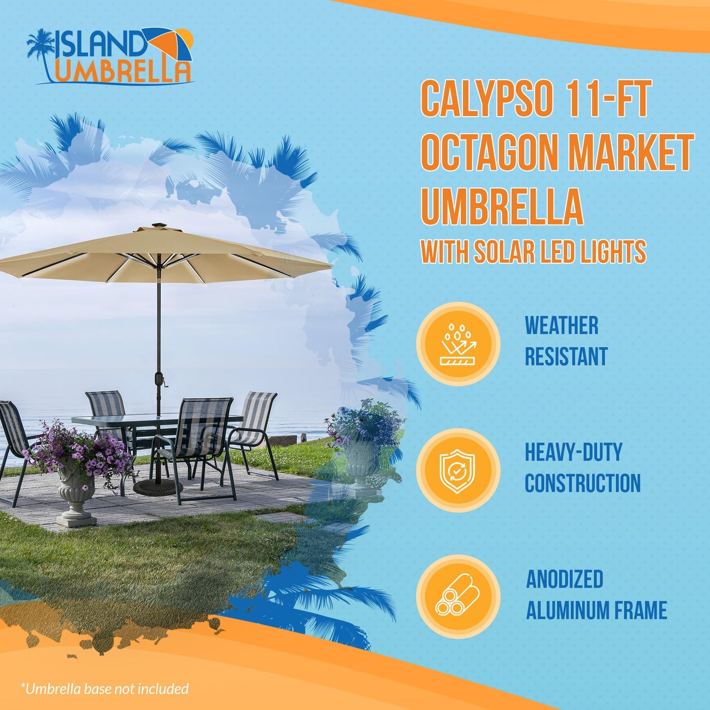 Island Umbrella Calypso 11 ft Octagon Patio Umbrella – With Crank Lift, Push-Button Tilt, Rust-Resistant Aluminum Pole, 8-Rib Frame, Solar LED Lights & Breez-Tex Weather-Resistant Canopy – Champagne