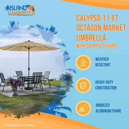 Island Umbrella Calypso 11 ft Octagon Patio Umbrella – With Crank Lift, Push-Button Tilt, Rust-Resistant Aluminum Pole, 8-Rib Frame, Solar LED Lights & Breez-Tex Weather-Resistant Canopy – Champagne