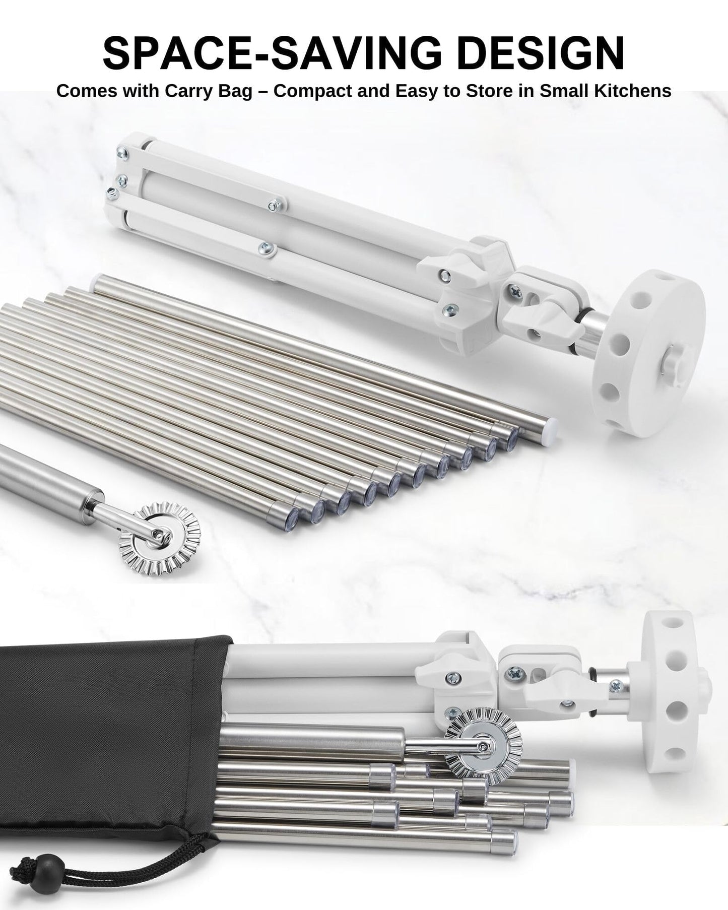 MUMSUNG Pasta Drying Rack Collapsible, 360° Rotating, Adjustable Height(14.5"-23.6"), 304 Stainless Steels Arm, Large Noodle Dryer Foldable with Ravioli Wheel for Homemade Fresh Pasta Spaghetti