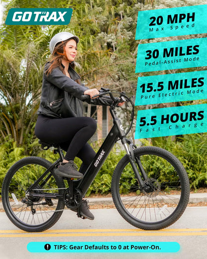 Gotrax 26" Electric Bike, Max Range 30Miles(Pedal-assist1) & 15.5/20Mph Power by 250/350W, 3 Riding Modes & Adjustable Seat, 7-Speed & Front Shock Absorber, Commuter Electric Bicycle for Adults, Black