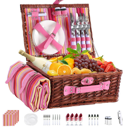 YPshuye Picnic Basket Set for 4 with Waterproof Blanket Mat Insulation Bag Wicker Pink Stripe Classic Fresh Gift for Christmas Thanksgiving Wedding Birthday Camp Outdoor Beach Travel